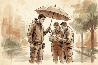 Monochrome line art of a worker quietly holding an umbrella over teammates in light rain, conveying calm care and the often unseen effort that protects teams.