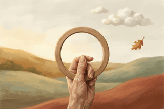 Eine einzelne Hand haelt ein schlichtes Kreisrad, waehrend im Hintergrund ein kleines Gewoelk und ein Blatt Gleichgewicht andeuten – ruhig, nachdenklich.
