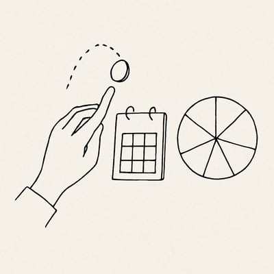 Skizzierter Muenzwurf, ein schlichtes Kalenderblatt und ein neutrales Kreisrad stehen fuer Zufall, Timing und faire Prozesse bei Entscheidungen.