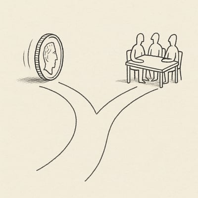 Moneda en giro ante dos rutas y una mesa de trabajo, aludiendo a justicia procedimental y alivio de fatiga decisoria mediante decisiones aleatorias transparentes.