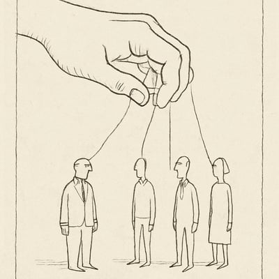 Mano con hilos que conectan a tres compañeros en sombras, simbolizando la carga emocional que sostiene equipos sin ser visible ni reconocida ni pagada.