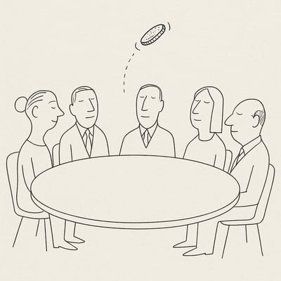 Une pièce en l'air au-dessus d'une table de réunion ronde, suggérant l'usage du hasard pour apaiser les choix et instaurer un sentiment d'équité.