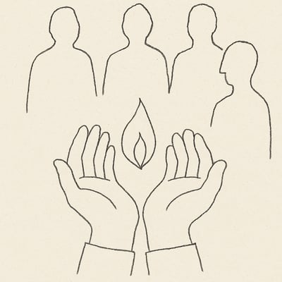 Deux mains ouvertes protègent une flamme fragile au centre, symbolisant le soin émotionnel discret qui maintient l'harmonie d'équipe au quotidien.