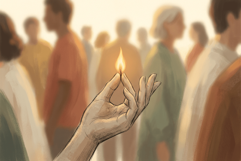 Une main esquissée tient une petite flamme stable au milieu d’un groupe flou, figurant le soin émotionnel discret qui maintient l’équilibre collectif.