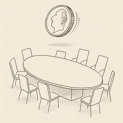 Una moneta in rotazione sopra un tavolo da riunione vuoto evoca l'idea di decisione imparziale e pausa dalla pressione di scegliere.