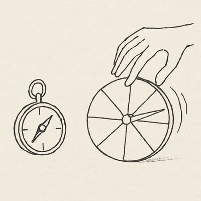 Una bussola e una ruota a spicchi stilizzata con una mano che la avvia rappresentano un framework che guida e una procedura equa per agire.