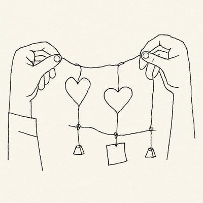 Due mani tengono un filo intrecciato che collega cuori e post-it con piccoli pesi in equilibrio, metafora del lavoro emotivo che sostiene il team.