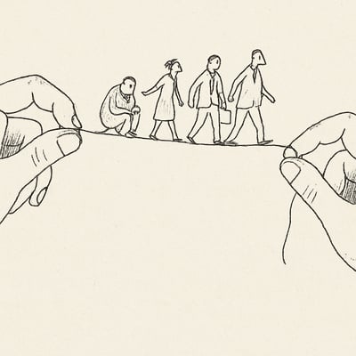 Duas mãos seguram um fio quase invisível que mantém três colegas em equilíbrio, simbolizando o esforço silencioso de cuidar da harmonia da equipa.