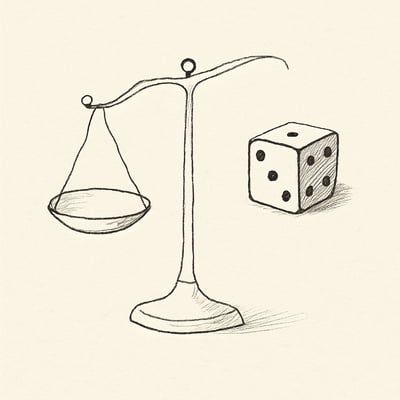 Een weegschaal naast een dobbelsteen verbeeldt hoe kans en eerlijkheid samen kunnen helpen bij keuzes en taakverdeling zonder lange discussies.