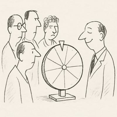 Loose lines show a group around a small spinner wheel with gentle tick marks; a smile as the pointer lands hints at shared fairness and low pressure.