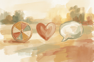 Simple line drawing of a small spinner wheel beside a heart and speech bubble, suggesting fair chance, gentle courage, and low‑stakes team practice.