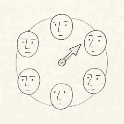 Minimal sketch shows a small spinner arrow on a circle of calm-to-curious faces, signalling random, low-pressure emotional intelligence practice.