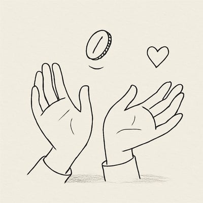 Hand-drawn coin hovers above open hands next to a small heart, evoking low-stakes chance and care that invites safe, inclusive participation.