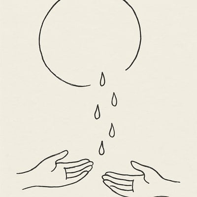 Un cercle ouvert laisse tomber au hasard des gouttes dans des mains ouvertes, suggérant qu'un aléa bienveillant nourrit progressivement la confiance partagée.