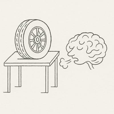 Une roue posée sur une table fait face à un petit cerveau qui soupire de soulagement, évoquant un choix simplifié et une justice perçue plus claire.