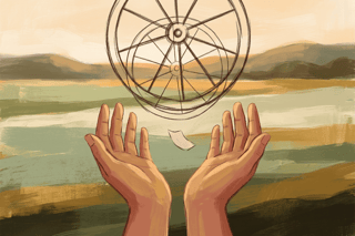 Deux mains ouvertes sous une petite roue dessinée au trait, comme prêtes à accueillir un tirage, évoquant simplicité, équité et sécurité partagée.