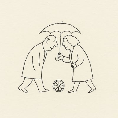 Due persone si avvicinano sotto un ombrello mentre una ruota minimalista gira al centro, simbolo di rischio contenuto, curiosità e nuovo inizio in squadra.