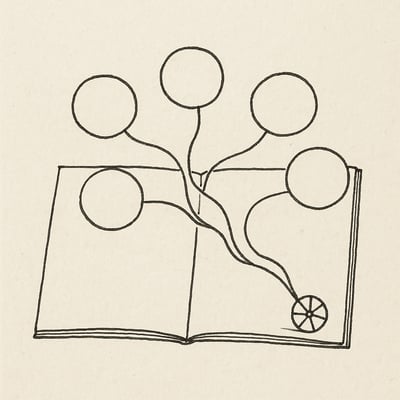 Un quaderno mostra cinque piccoli cerchi collegati a una ruota centrale: rappresentano rituali settimanali che crescono con delicatezza, guidati da esercizi EQ casuali.