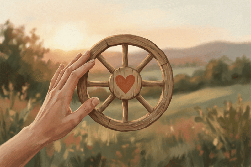 Roda simples com um coração no centro e uma mão hesitante prestes a tocar, evocando coragem gentil para dar o primeiro passo.