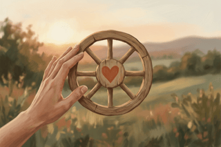Roda simples com um coração no centro e uma mão hesitante prestes a tocar, evocando coragem gentil para dar o primeiro passo.