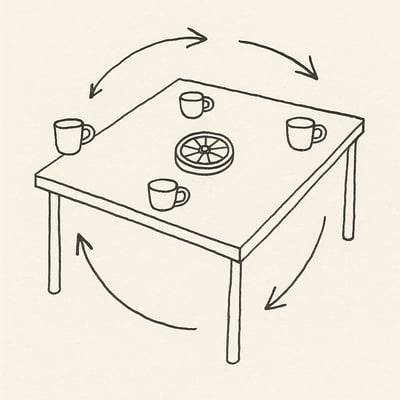 Meetingtisch mit vier Tassen und kleinem Rad in der Mitte; Pfeile deuten sanft von leicht zu tief, die Stimmung wirkt offen und neugierig.