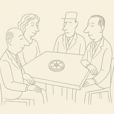 Eine kleine Gruppe sitzt entspannt um ein handgezeichnetes Rad; die Szene vermittelt Leichtigkeit, geteilte Verantwortung und ritualisierte Teamübung.