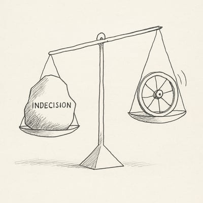 Eine wackelig gezeichnete Waage mit schwerem Stein und leichtem Glücksrad symbolisiert Entscheidungsentlastung und faire Zufallsauswahl im Team.