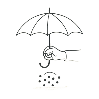 Una mano abre un paraguas sobre puntos dispersos que se acercan bajo su sombra, simbolizando protección grupal y confianza emergente sin presión.