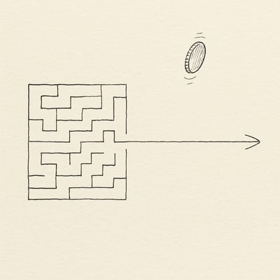 Un laberinto se simplifica a un camino recto mientras una moneda gira, simbolizando cómo el azar reduce la complejidad y facilita decidir y actuar.
