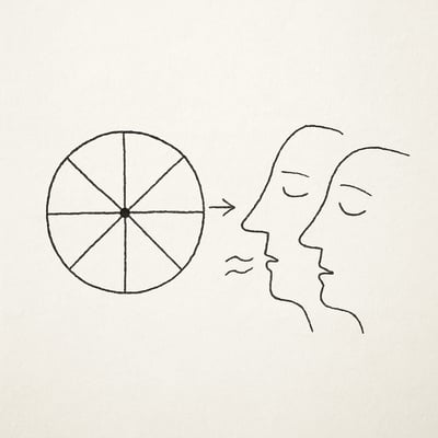 Rueda sencilla sin números con una flecha mínima junto a dos rostros serenos que respiran, evocando práctica breve y justa sin necesidad de acertar.