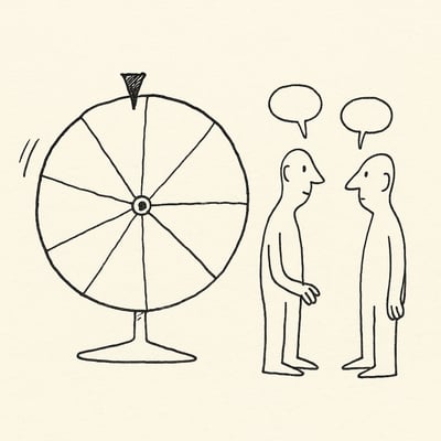 A hand-drawn spinner wheel beside two simple teammates trading small speech bubbles, signalling light, fair turns for quick empathy exercises.