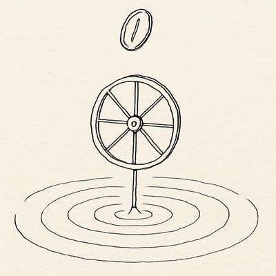 A coin flips above a simple spinning wheel with calm ripples, symbolising impartial chance, perceived fairness, and lighter mental load for groups.