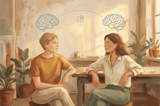 Two teammates with simple line-drawn brains linked by a dotted arc, hinting at empathy wiring, with a tiny spinner cue suggesting fair, low-effort turns.