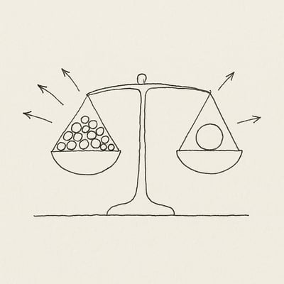 Schlichte Waage: links Kopfchaos, rechts Zufall; Pfeile von vielen Optionen zur Waage, Entlastung sichtbar durch leichte Neigung nach rechts.