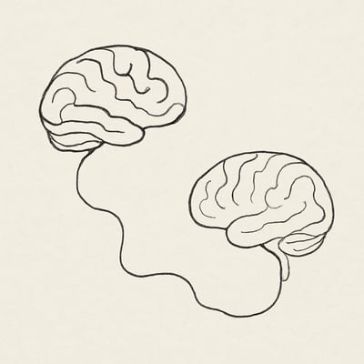 Zwei skizzierte Gehirne, verbunden durch eine dünne Linie; ausgewählte Bahnen wirken dicker, als ob wiederholtes Üben sie myelinisiert.