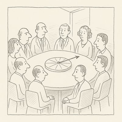 Handgezeichnete Szene: Team im Kreis, kleines Rad zeigt zufällig auf eine Person; Gesichter sind offen und neugierig.