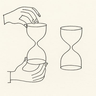 Zwei Hände drehen zeitgleich schlichte Sanduhren, als Zeichen für kurze, wiederholte Team-Übungen, die neue Gewohnheiten und Empathie aufbauen.