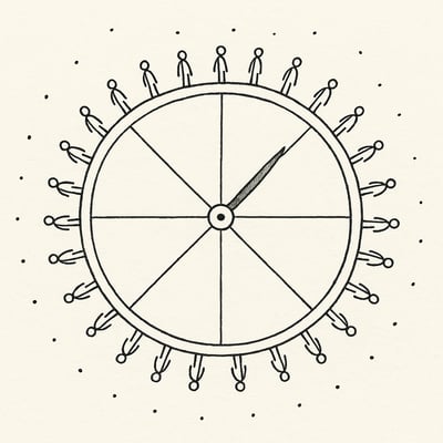 Ein schlichtes Kreisrad mit gleich grossen Feldern und Zeiger symbolisiert transparente, faire Zufallsauswahl, die mentale Last reduziert und Beteiligung ausbalanciert.