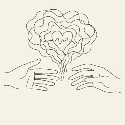 Dos manos casi tocándose y una red de líneas ondulantes entre ellas simbolizan conexiones de ínsula y ACC que se fortalecen con práctica empática.