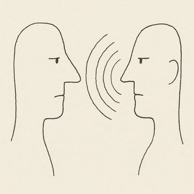 Dos perfiles enfrentados con una onda que viaja y regresa, evocando un ejercicio breve de reflejo emocional entre compañeros de equipo.