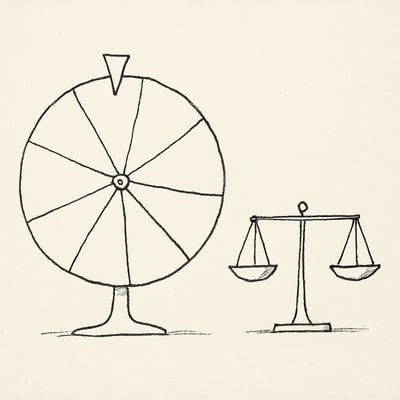 Ruleta dibujada a mano junto a una balanza equilibrada sugiere cómo el azar reduce la fatiga de decisión y aumenta la sensación de justicia en el equipo.