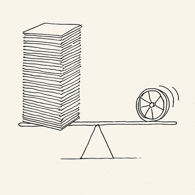 Balance stylisée: pile d'options d'un côté, roue tournante de l'autre, symbolisant une charge décisionnelle allégée.