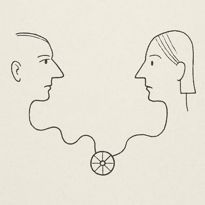 Deux profils reliés par un fil évoquant l'empathie; un cercle en rotation suggère un entraînement empathique.