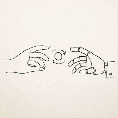 Main humaine et main robotisée se tendent l'une vers l'autre autour d'un cercle tournant, symbole d'un rituel empathique.