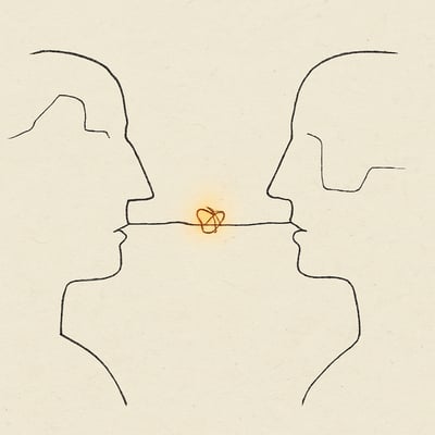 Due profili cerebrali collegati da un filo luminoso sull'insula; vibrazioni calde indicano risonanza emotiva condivisa e attivazione affettiva.