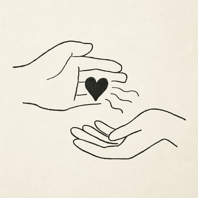 Mãos em traço simples trocam um pequeno coração irradiando linhas suaves, simbolizando treino de compaixão e escuta refletida em equipa.