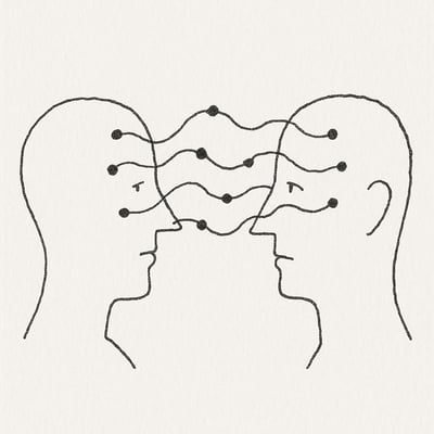 Ilustração em linhas mostra dois perfis ligados por fios-sinapse entre cérebros estilizados, sugerindo redes de empatia a sincronizarem-se.