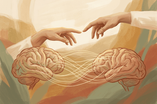 Ilustração em linhas simples: duas mãos aproximam-se e fios neurais ligam dois cérebros, simbolizando empatia e ligação numa equipa.