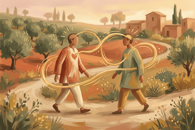 Due figure si avvicinano mentre una linea vibra tra i loro cuori e cervelli, suggerendo empatia allenata e scelte più leggere grazie al caso guidato.