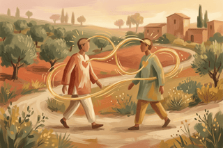 Due figure si avvicinano mentre una linea vibra tra i loro cuori e cervelli, suggerendo empatia allenata e scelte più leggere grazie al caso guidato.